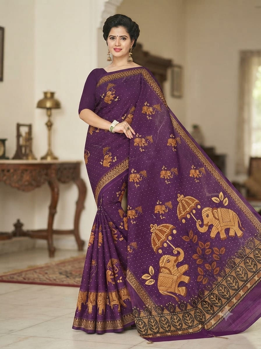 Women’s Purple Designer Saree with Golden Elephant Print & Traditional Leaf Border – Festive & Ethnic Wear