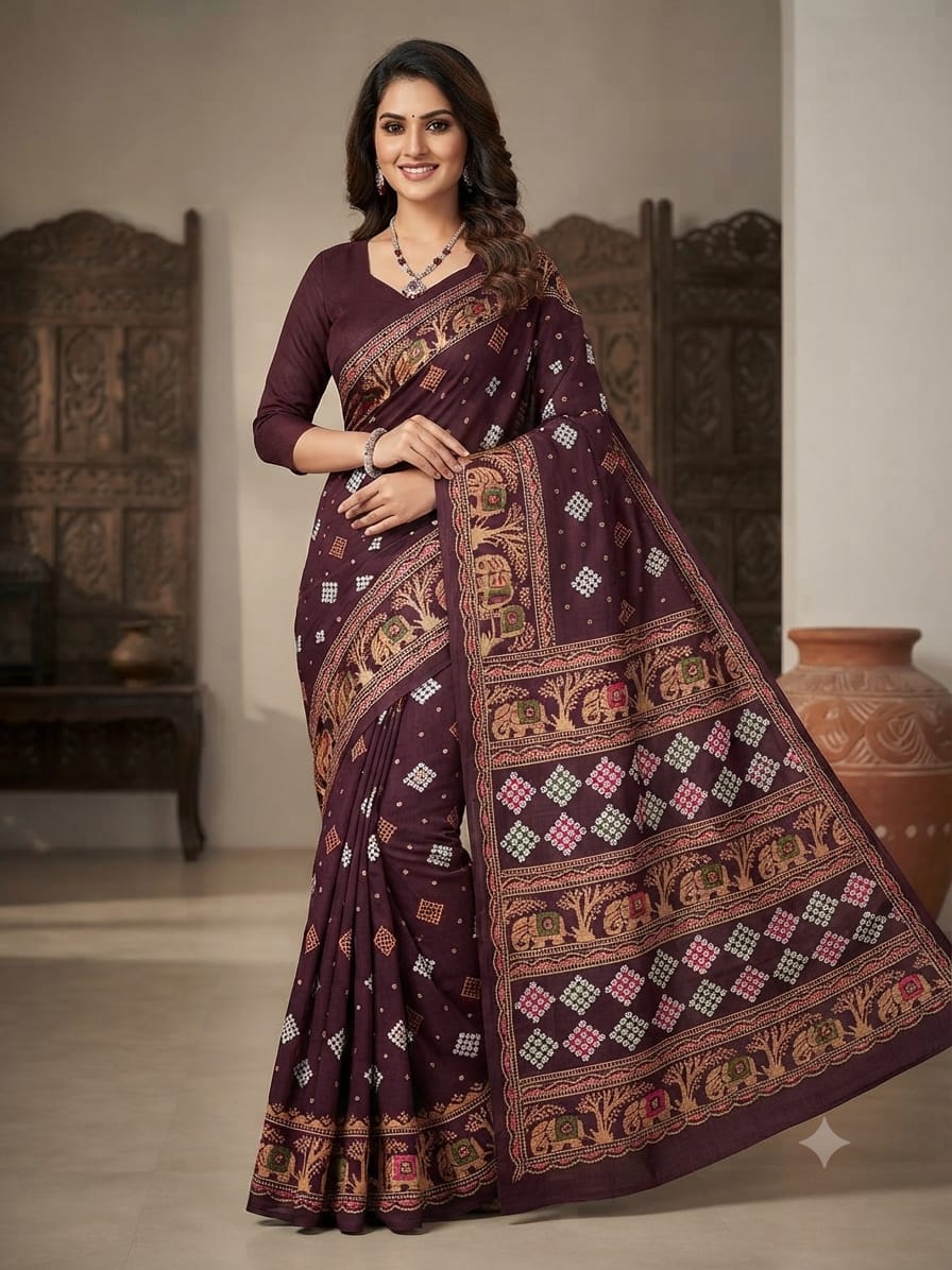 Women’s Maroon Designer Saree with Traditional Printed Border & Artistic Pallu – Festive & Ethnic Wear