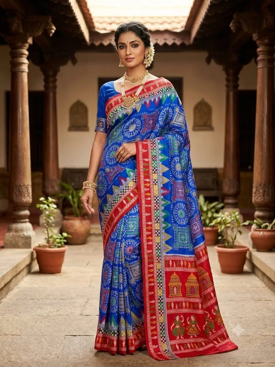 Royal Blue Traditional Printed Saree with Multicolor Ethnic Borde