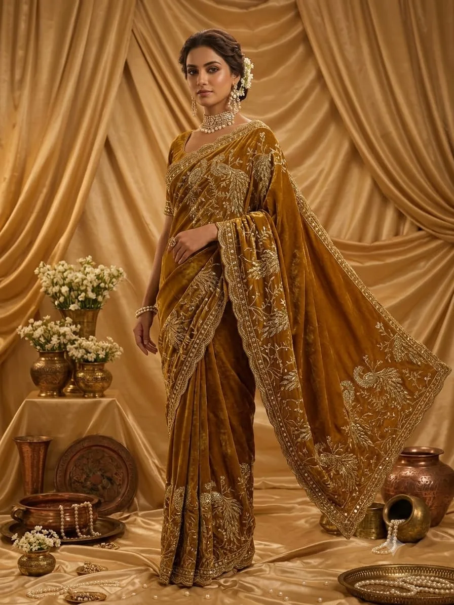 Mustard Yellow Velvet Saree with Hand-Embroidered Zardozi Peacock Motifs