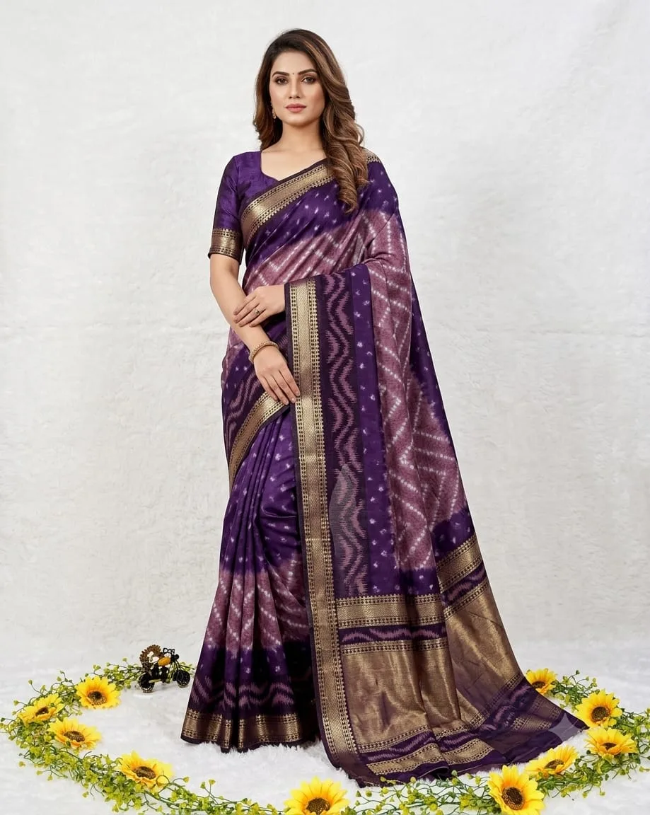 Purple Handloom-Inspired Printed Saree with Designer Woven Border