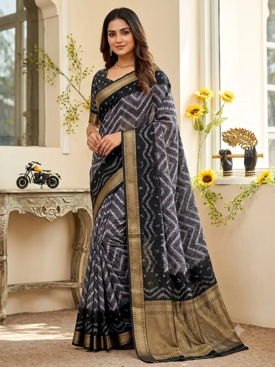 Elegant Black & Grey Ikat Design Saree with Golden Zari Border