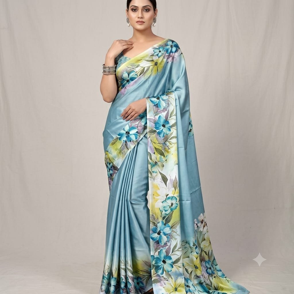 Summer Bloom Blue Semi Murshidabad Bapta Silk Saree – Handblock Printed Elegance with Blouse