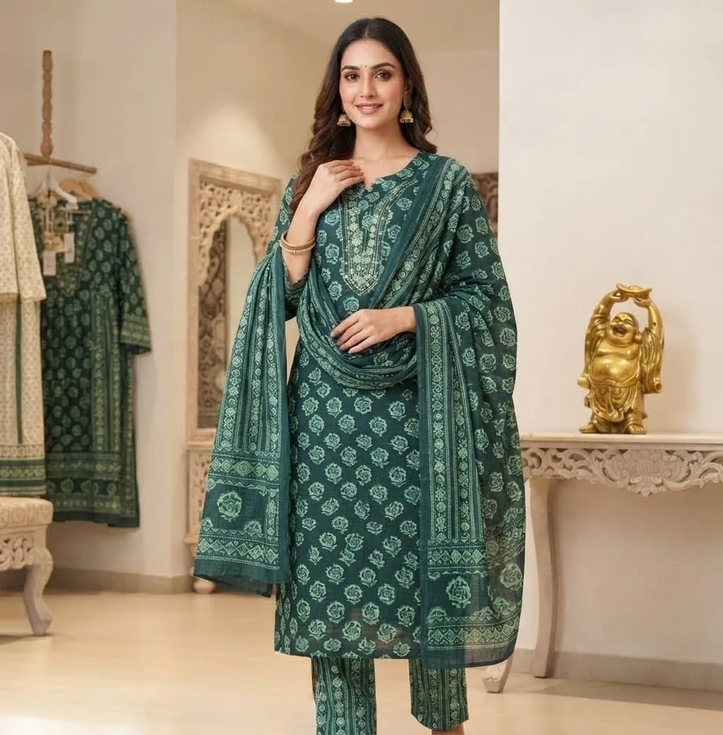 Jaipuri Printed Cambric Cotton Kurta Pant Dupatta Set
