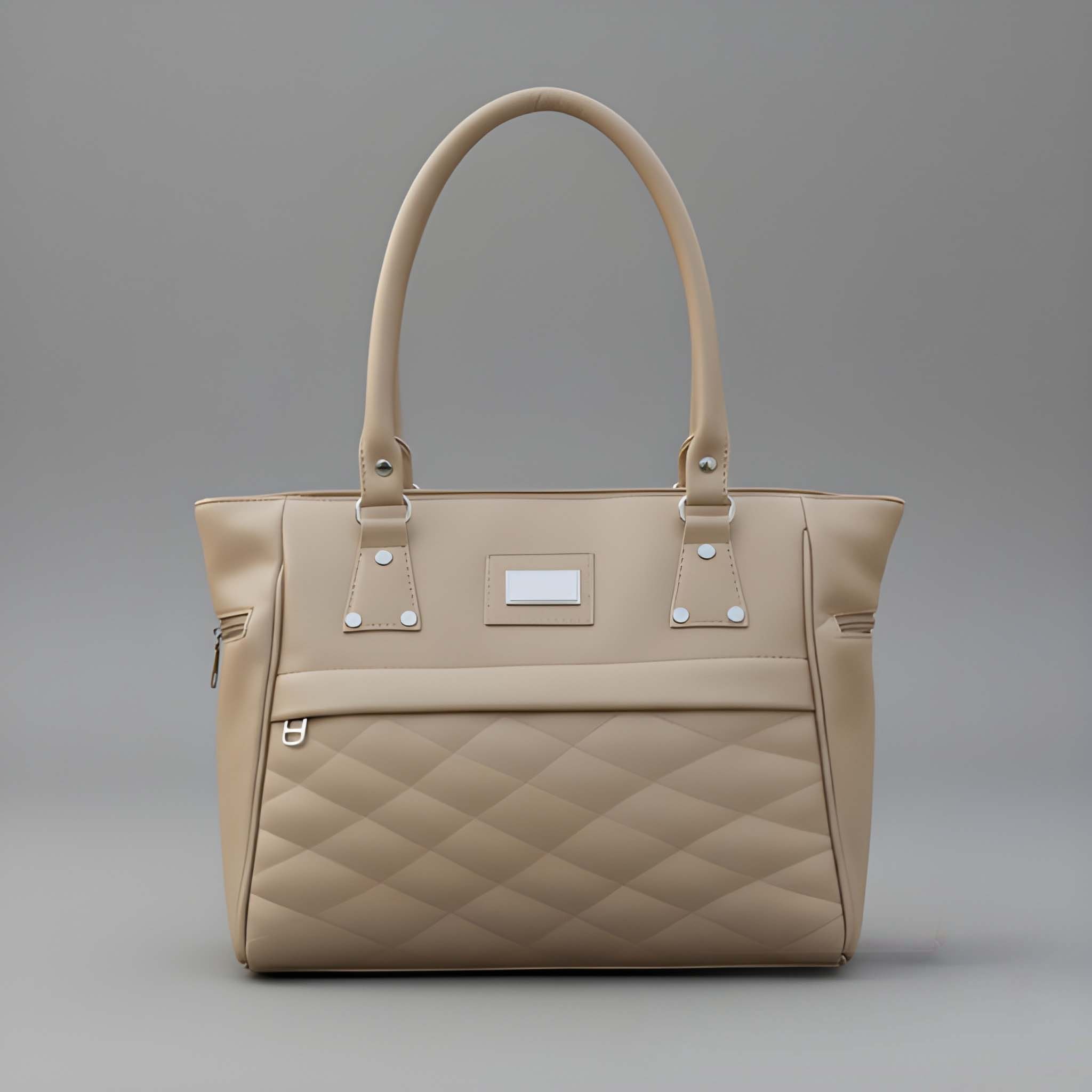 Women’s Beige Stylish Handbag with Quilted Front Pocket & Comfortable Top Handles