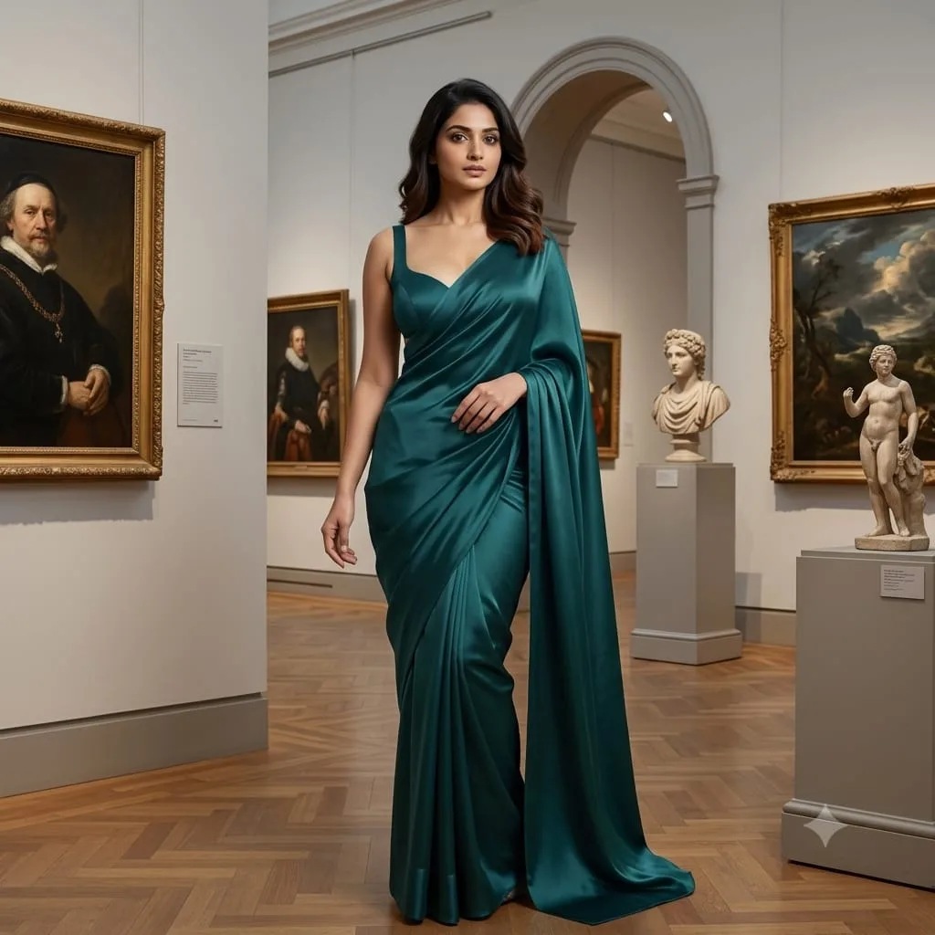 Teal Majesty Pure Satin Silk Saree with Blouse Piece