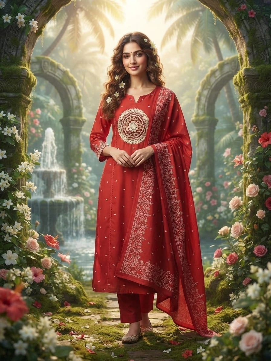 Women’s Red Printed & Embroidered Kurta Set with Dupatta