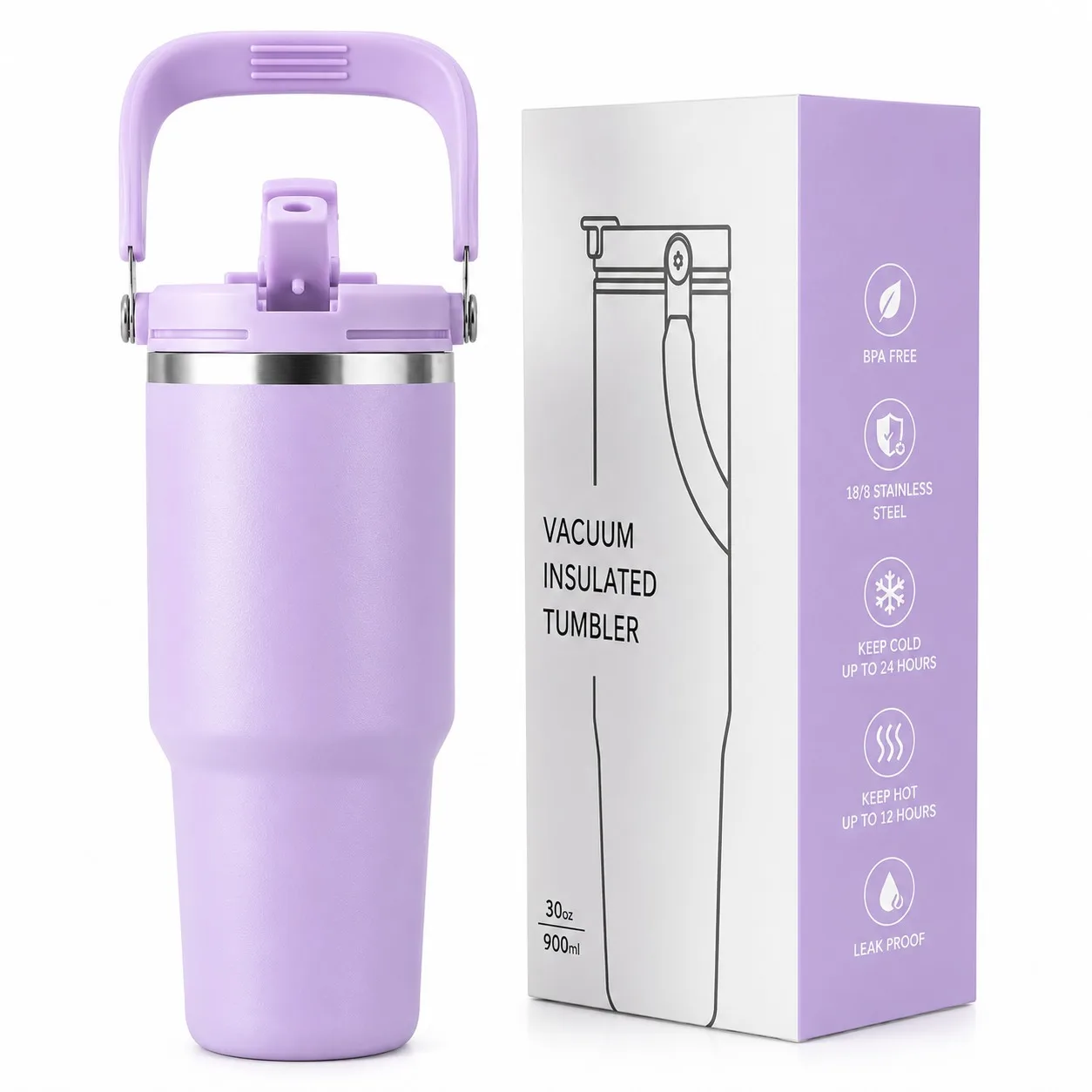 30 oz Vacuum Insulated Stainless Steel Tumbler with Handle & Straw (900 ml)