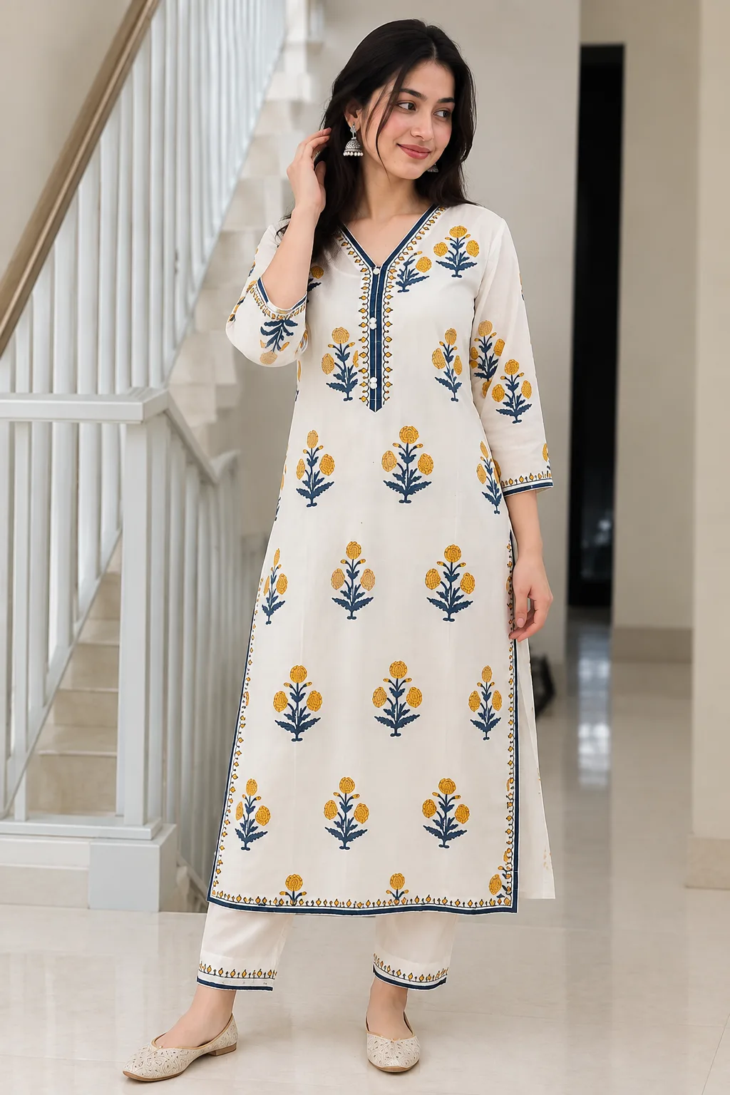 White Cotton Floral Printed Kurta Pant Set