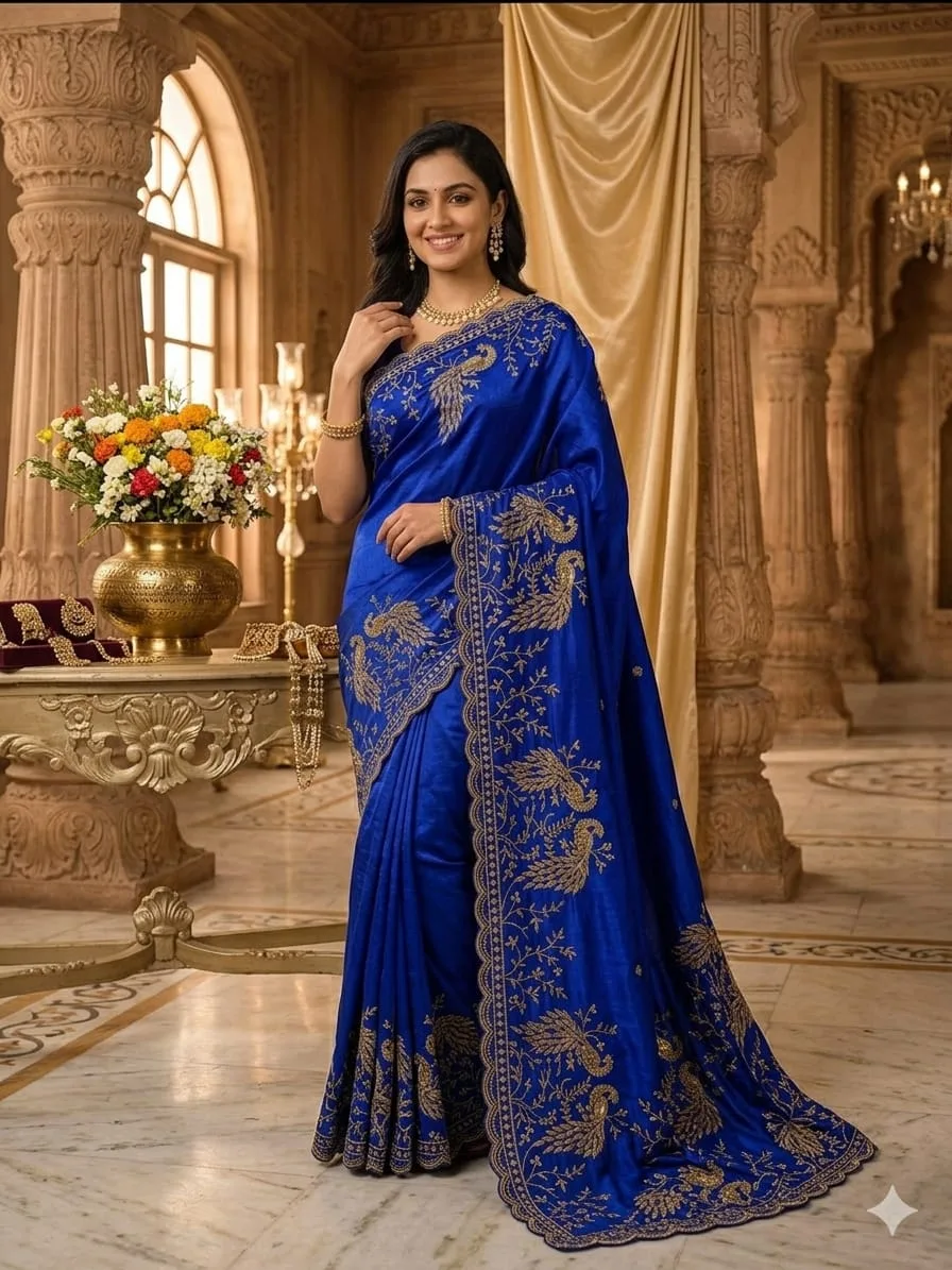 Royal Blue Silk Blend Embroidered Saree with Peacock Zari Work
