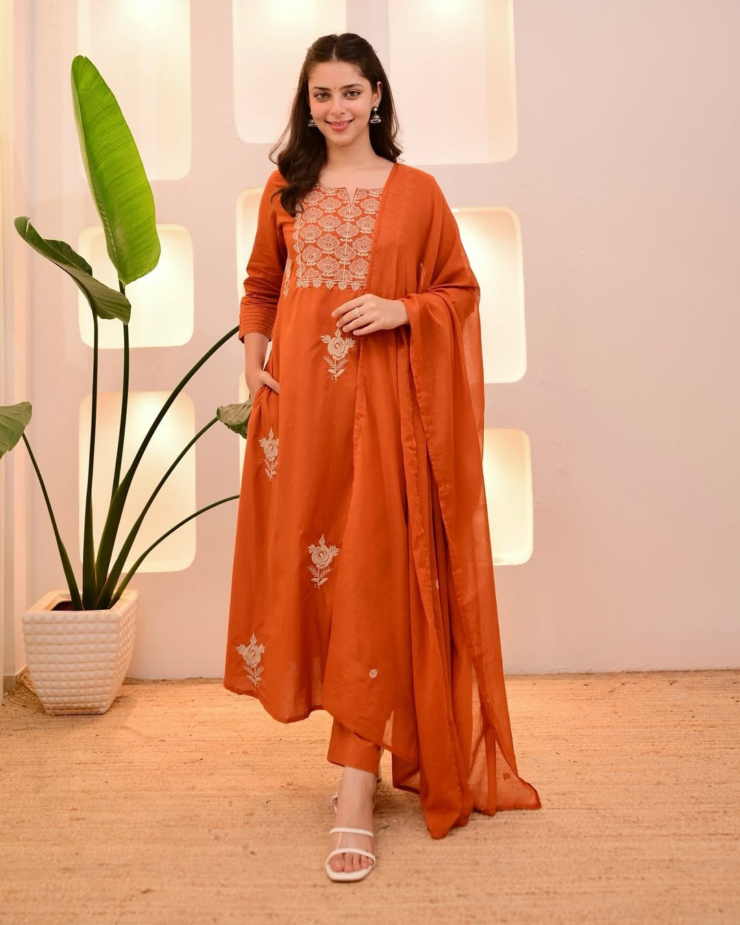 Women's Rust Orange Embroidered Cotton Kurta Set with Dupatta
