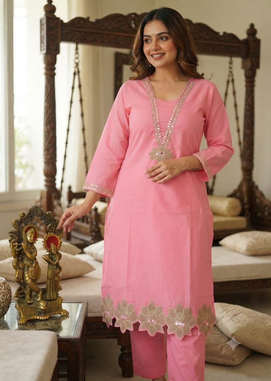 Women's Pink Embroidered Straight Kurta with Pant Set