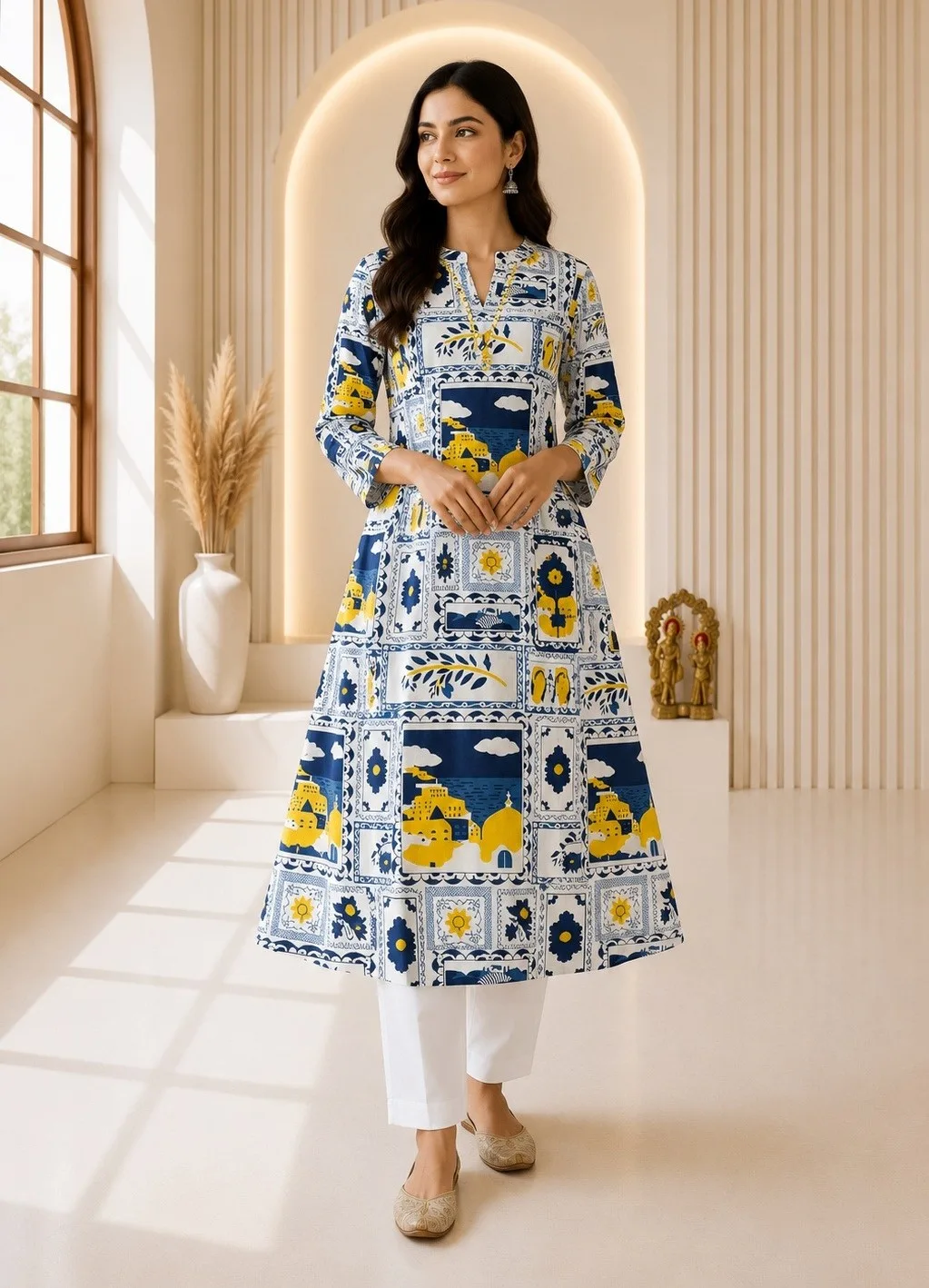 Women's Printed A-Line Kurta with White Pant Set