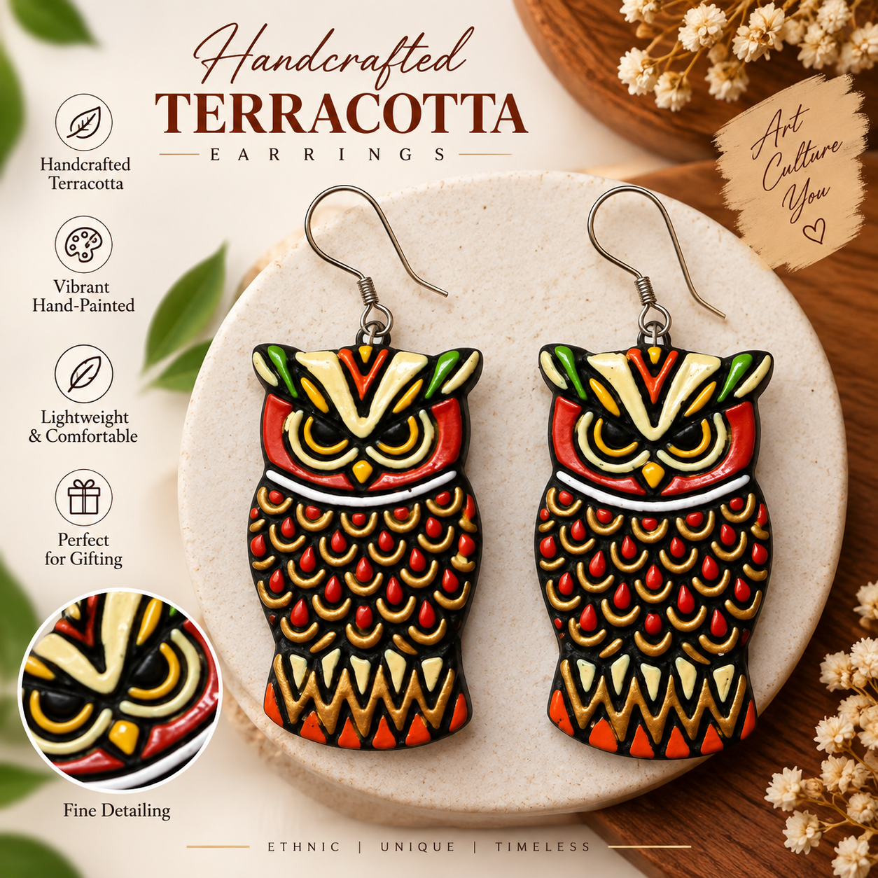 Handcrafted Owl Terracotta Earrings for Women | Multicolor Ethnic Statement Dangle Earrings