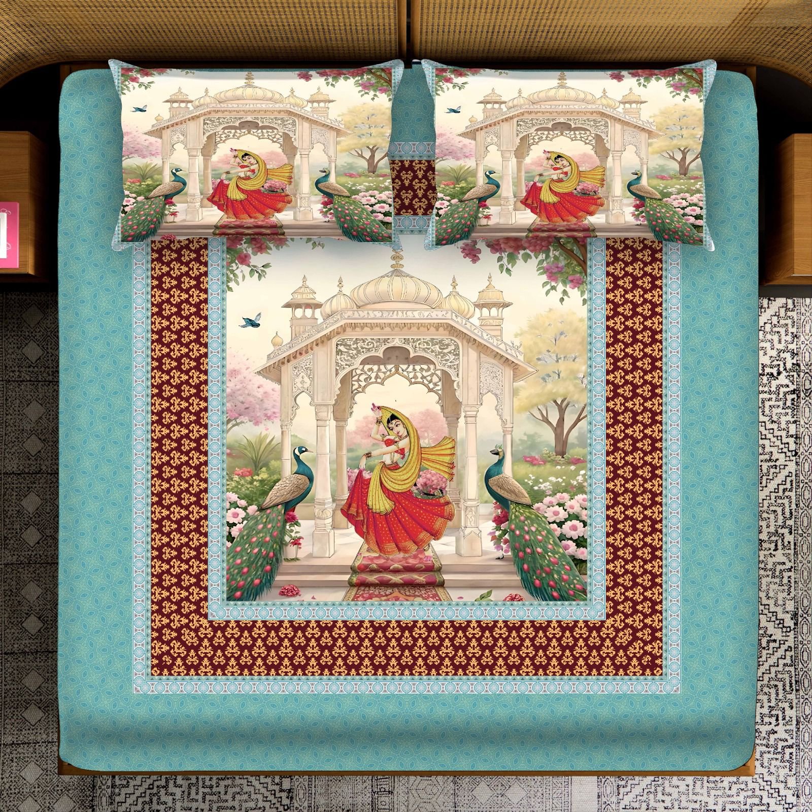 Radha & Peacock Palace 3-Piece Bedsheet Set – Traditional Indian Heritage Digital Print with 2 Pillow Covers