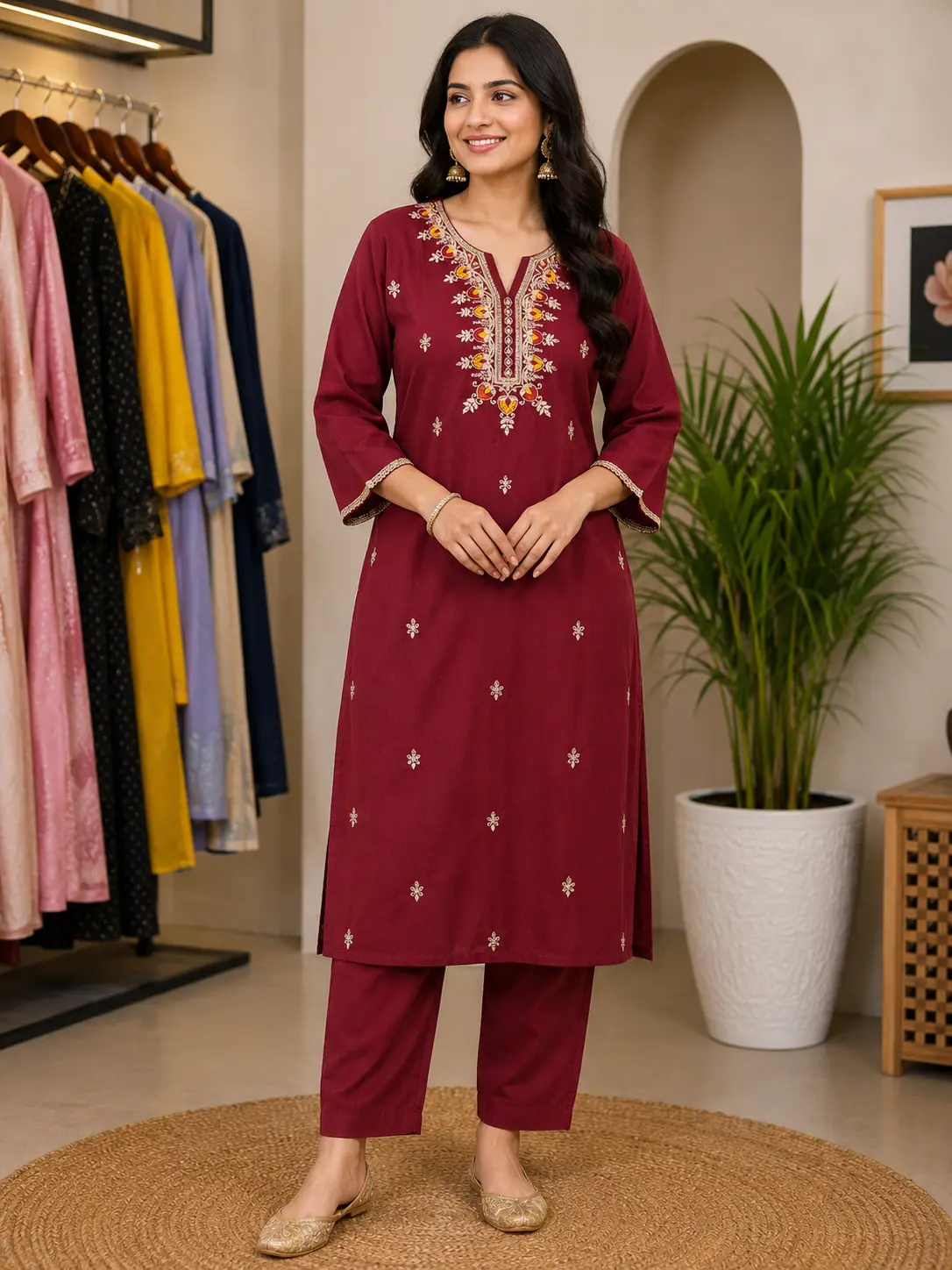Women’s Maroon Embroidered Straight Kurta Set
