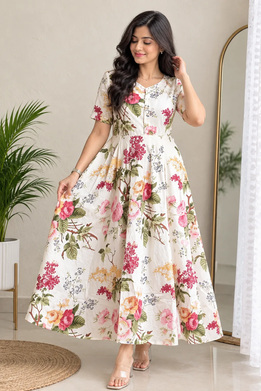 Women's Pure Cotton Floral Print Midi Dress