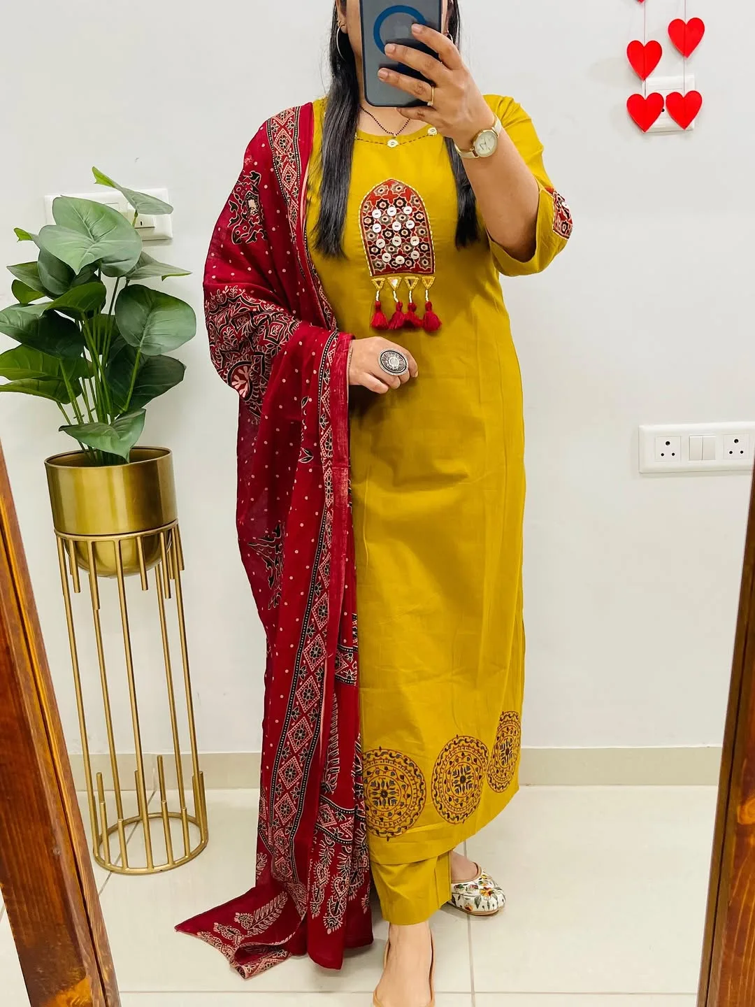 Women's Pure Cotton Handblock Printed Kurta Pant Set with Mirror Work & Dupatta (3-Piece Set)