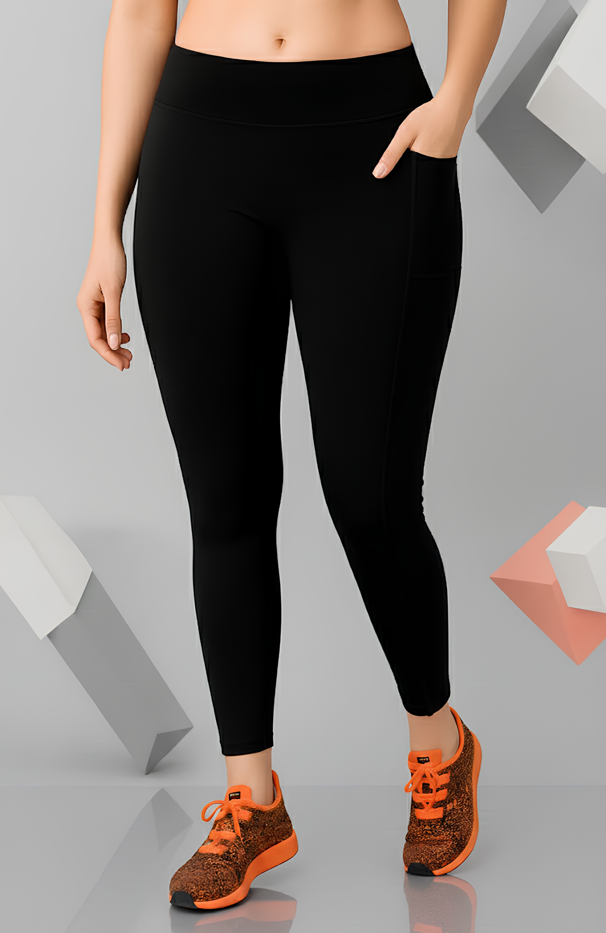 WUGO Women's Black Sports Leggings | Stretchable Polyester Gym & Yoga Pants | Comfortable Mid-Rise Activewear