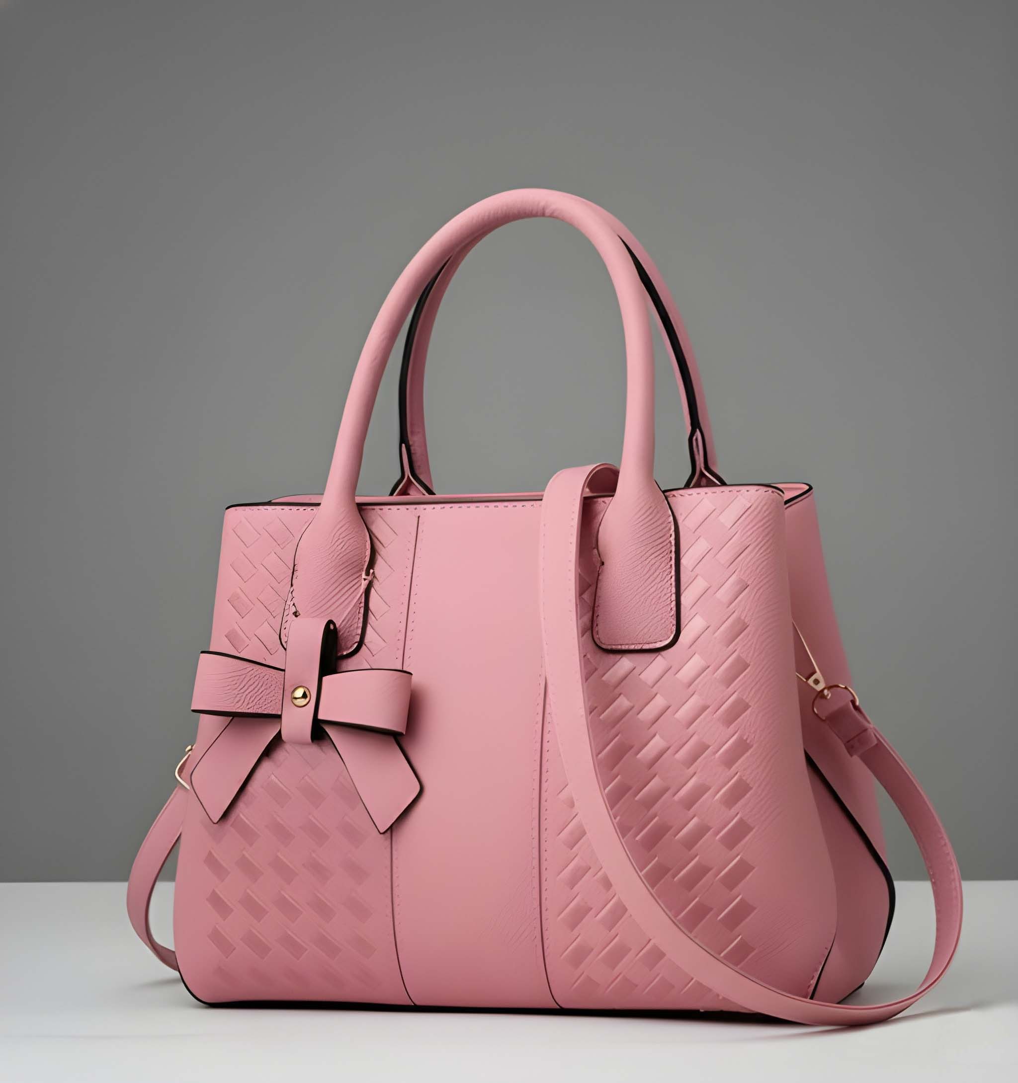 Women’s Pink Woven Handbag with Bow Detail & Shoulder Strap