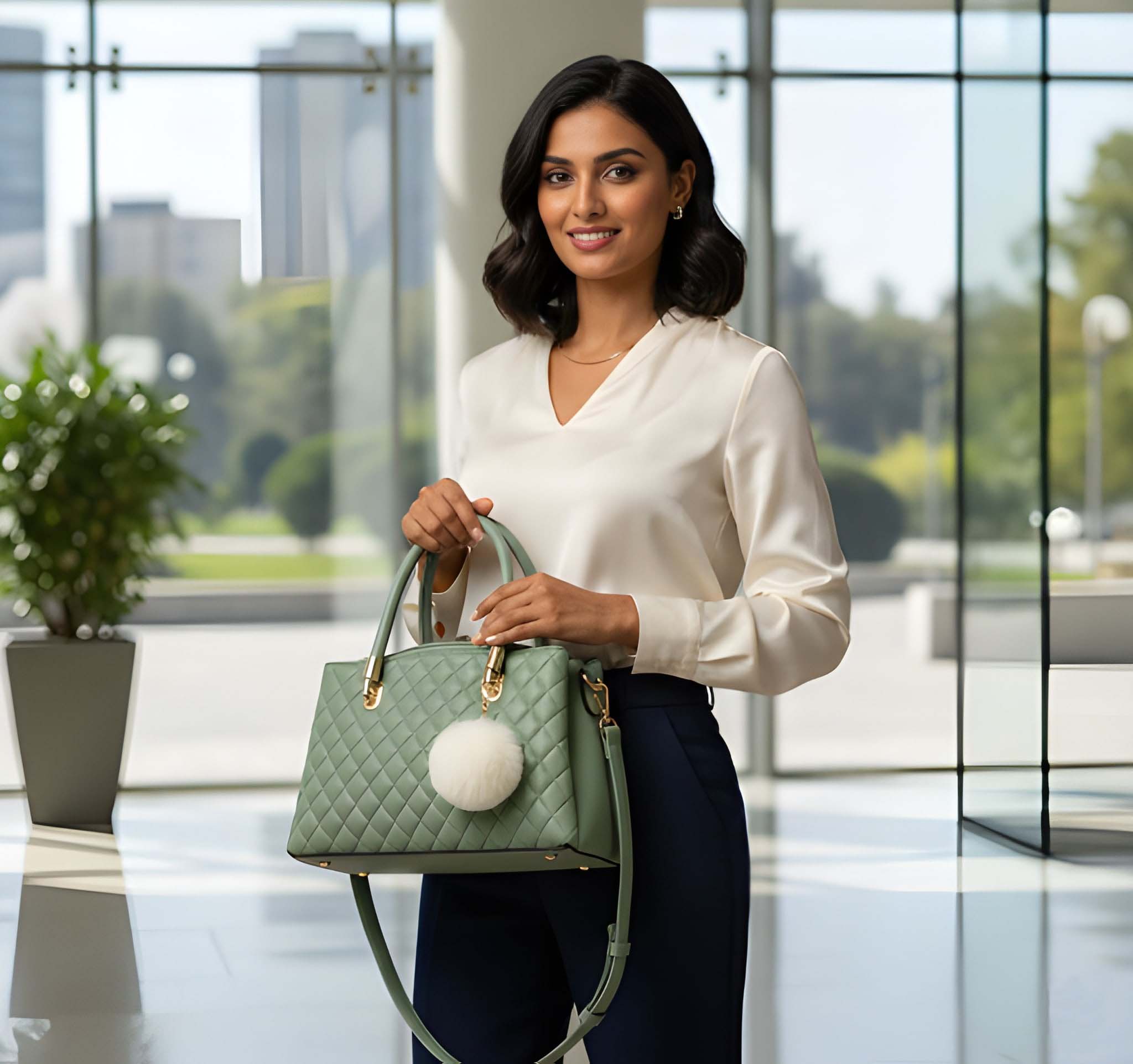 Women’s Green Quilted Handbag with Top Handles