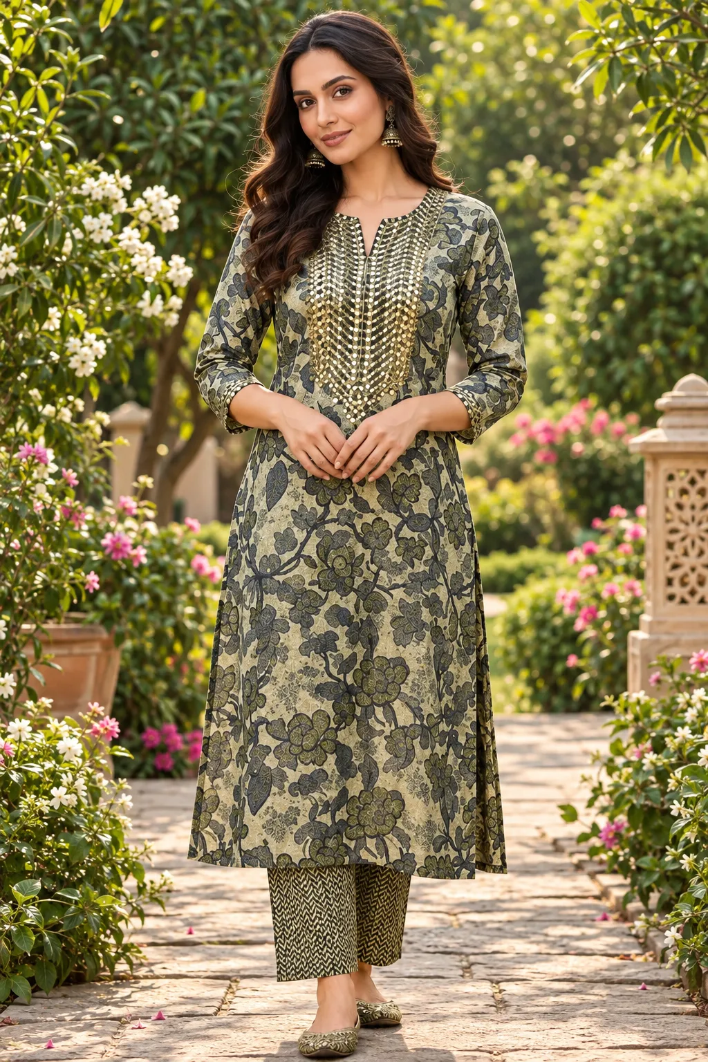 Women's Floral Printed Straight Kurta with Pants Set