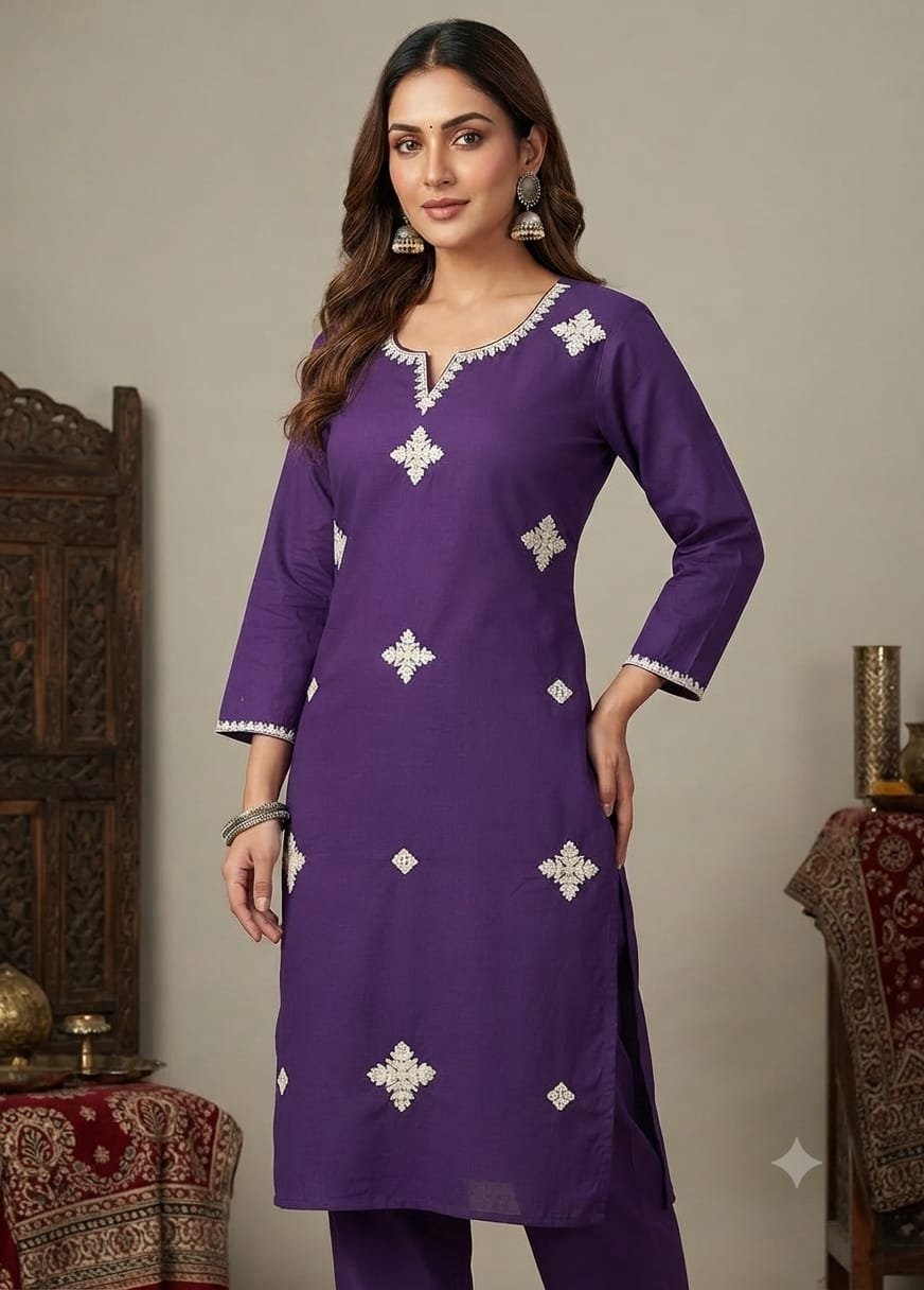 Indo Era Purple Embroidered Straight Kurta