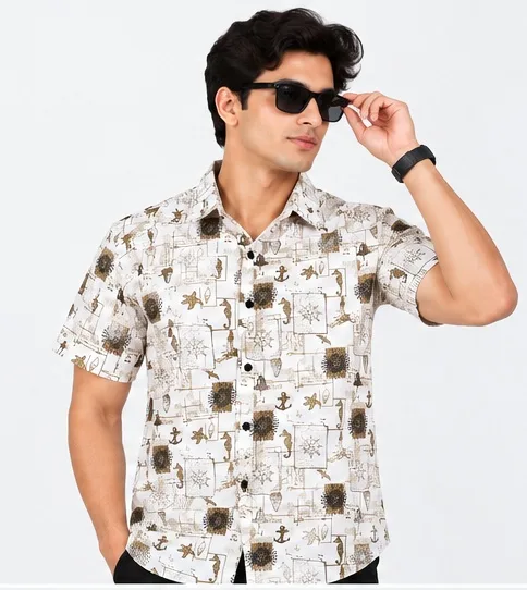 Men's Nautical Sea Print Half Sleeve Casual Shirt