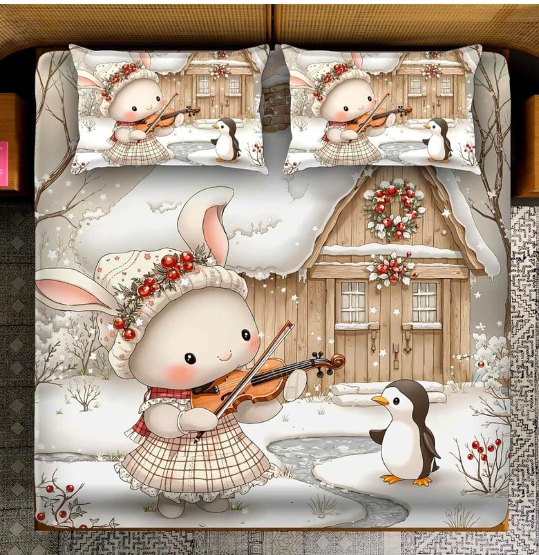 Snow Doll & Penguin Christmas Cottage Printed Bedsheet Set