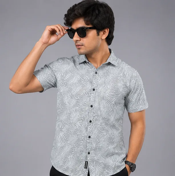 BLOHSH Men’s Leaf Print Casual Half Sleeve Shirt