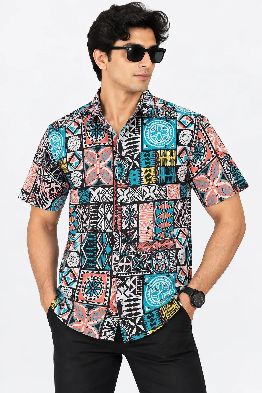 Men's Multicolor Abstract Geometric Printed Half Sleeve Shirt