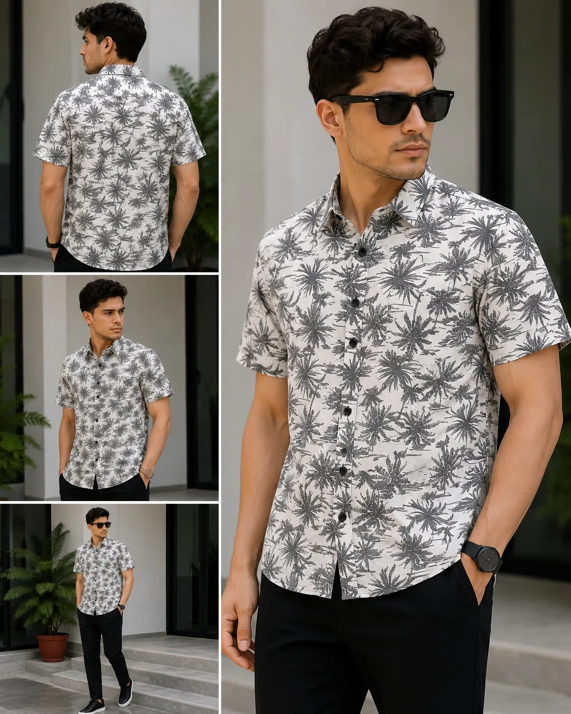 Men's White Floral Print Casual Half Sleeve Cotton Shirt