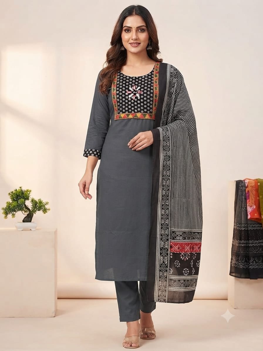 Women's Charcoal Grey Embroidered Kurta Pant & Printed Dupatta Set