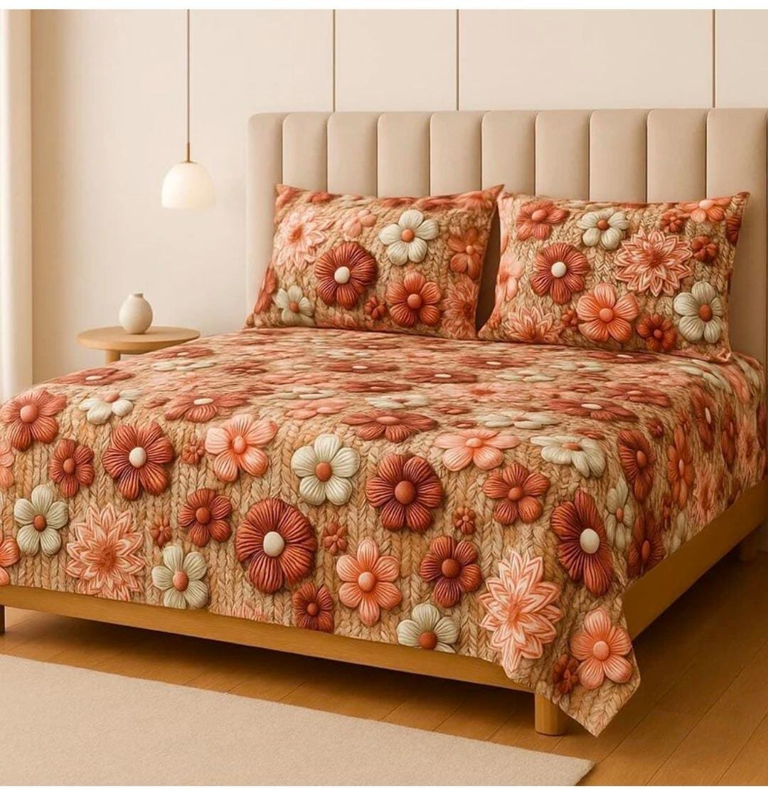 3D Floral Printed Double Bedsheet with 2 Pillow Covers
