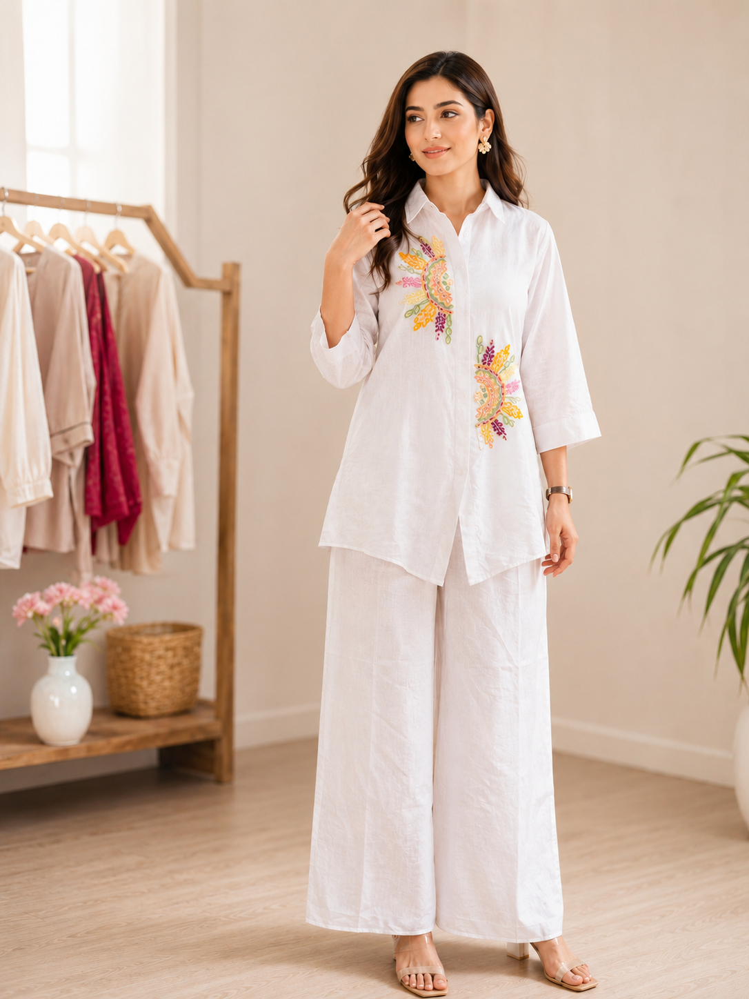 Women’s White Embroidered Shirt-Style Co-Ord Set