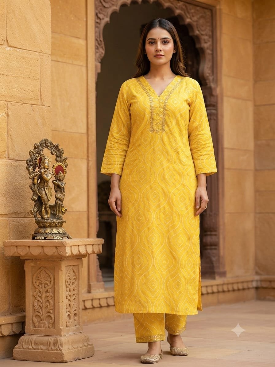 Yellow Printed Cotton Straight Suit With Dupatta