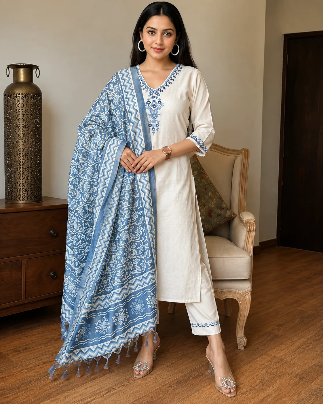 Women's Handloom Khadi Cotton Embroidered Kurti Pant Set with Khadi Silk Dupatta