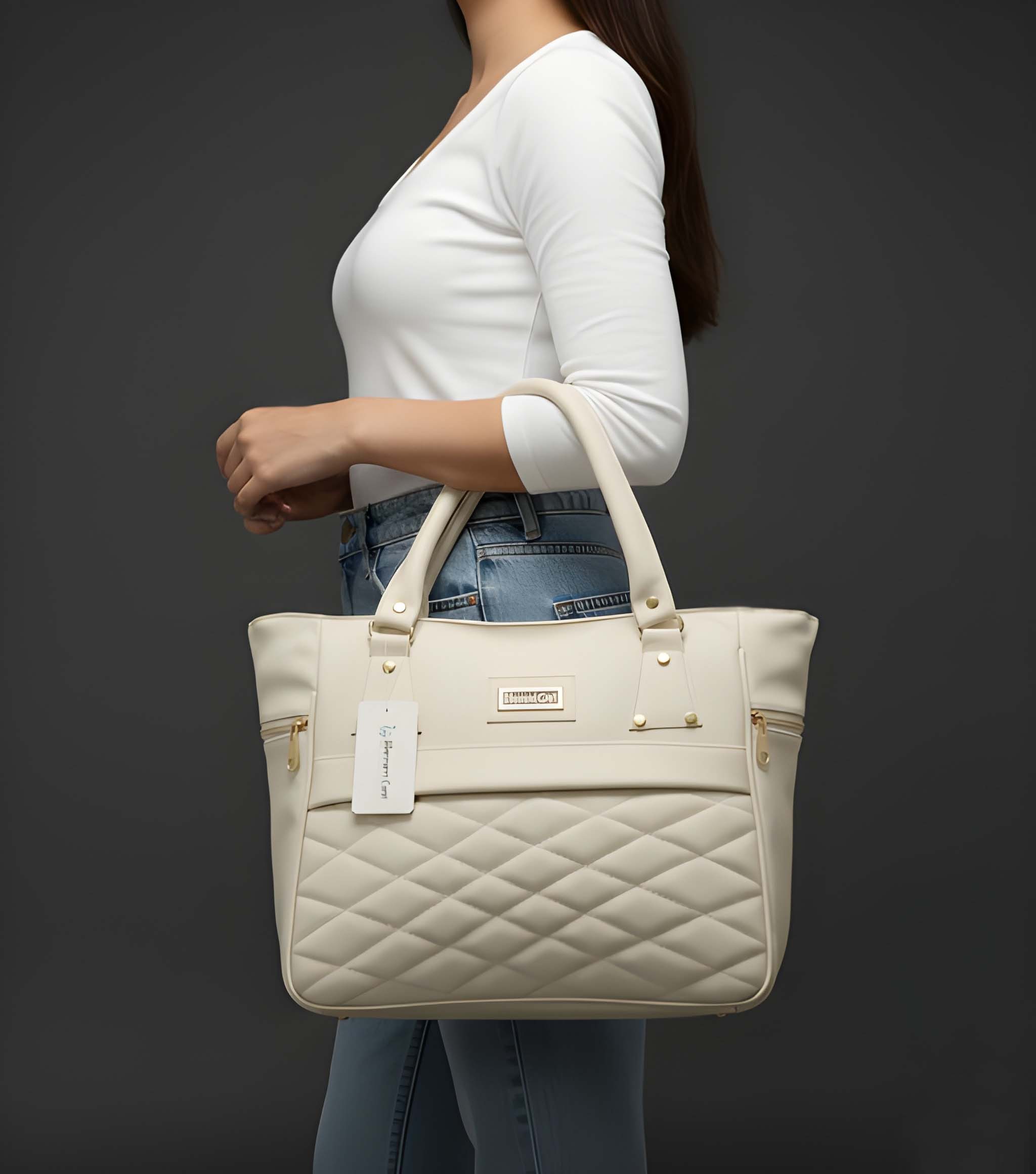 Women’s White Quilted Handbag with Long Handles & Front Zip Pocket