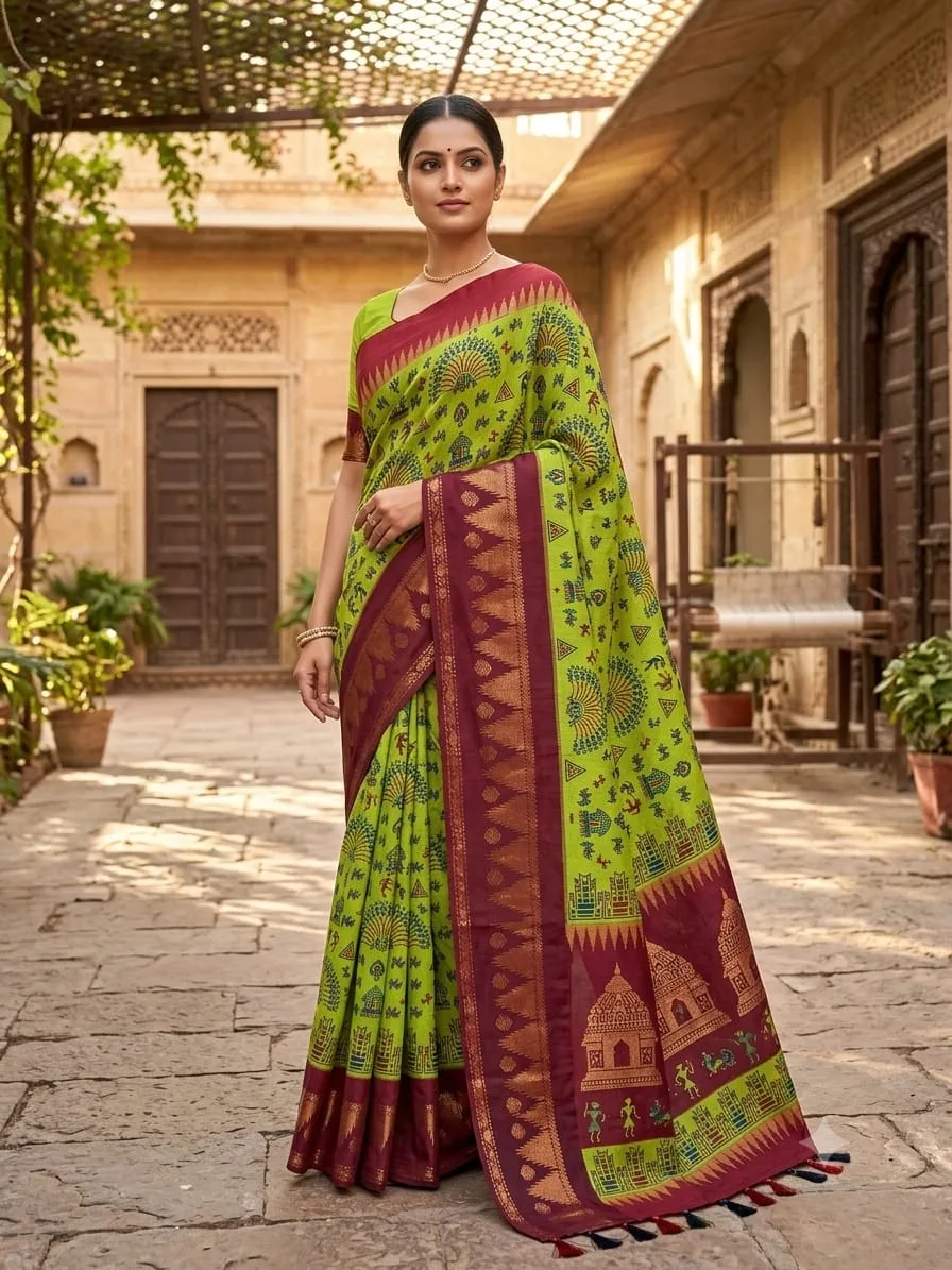 Printed Art Silk Saree in Mehndi/Olive Green