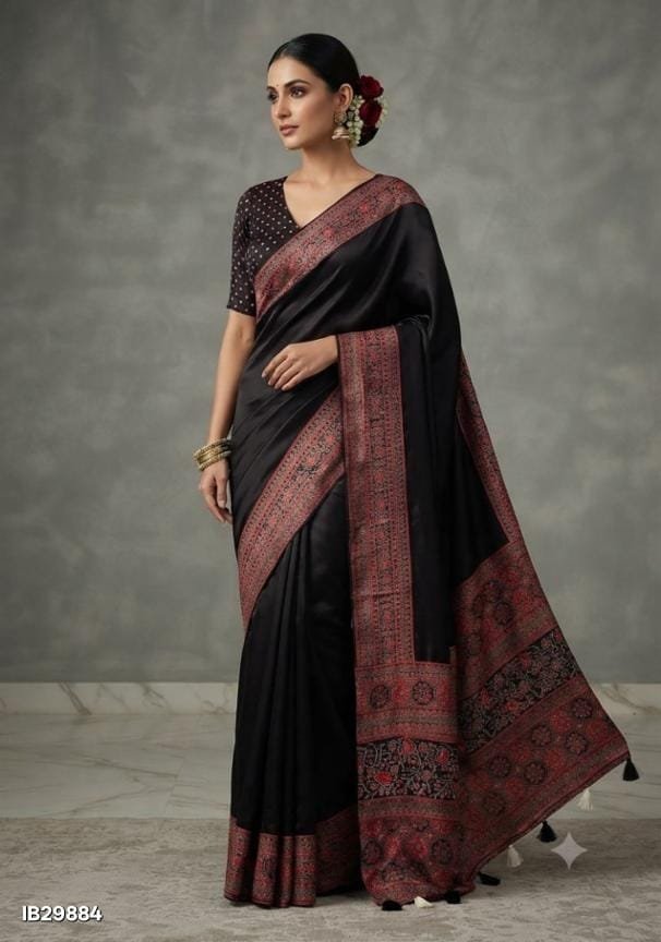 Women’s Gajji Silk Crepe Saree with Traditional Ajrakh Print