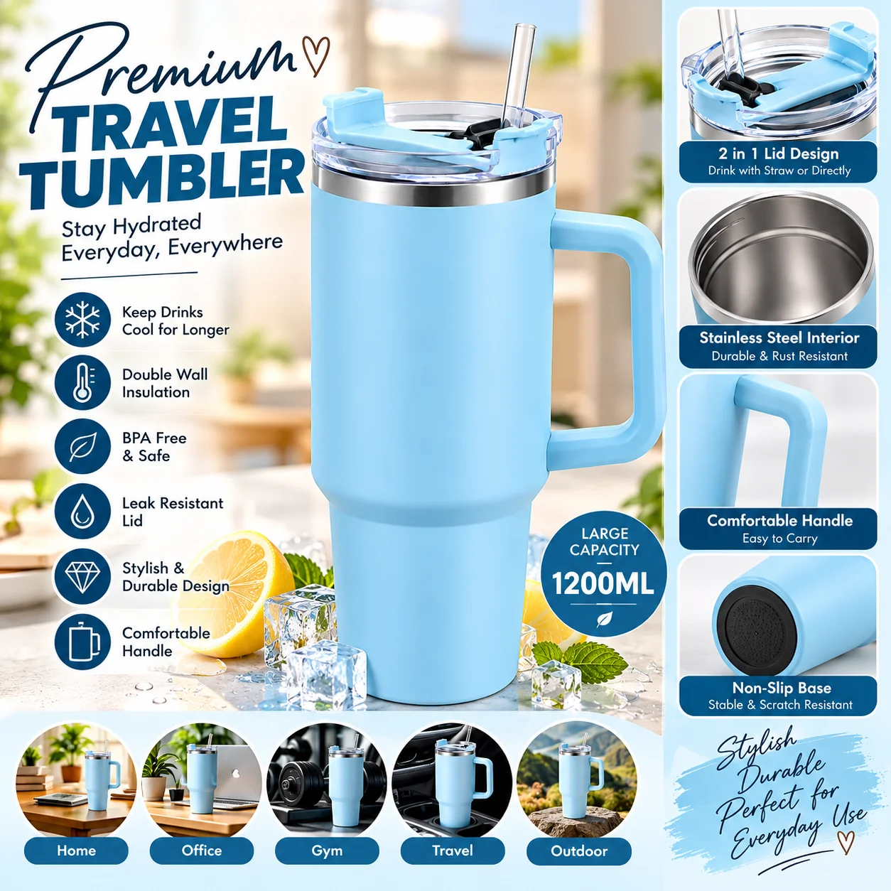 Premium Insulated Sky BlueTravel Tumbler with Handle & Straw 180ml