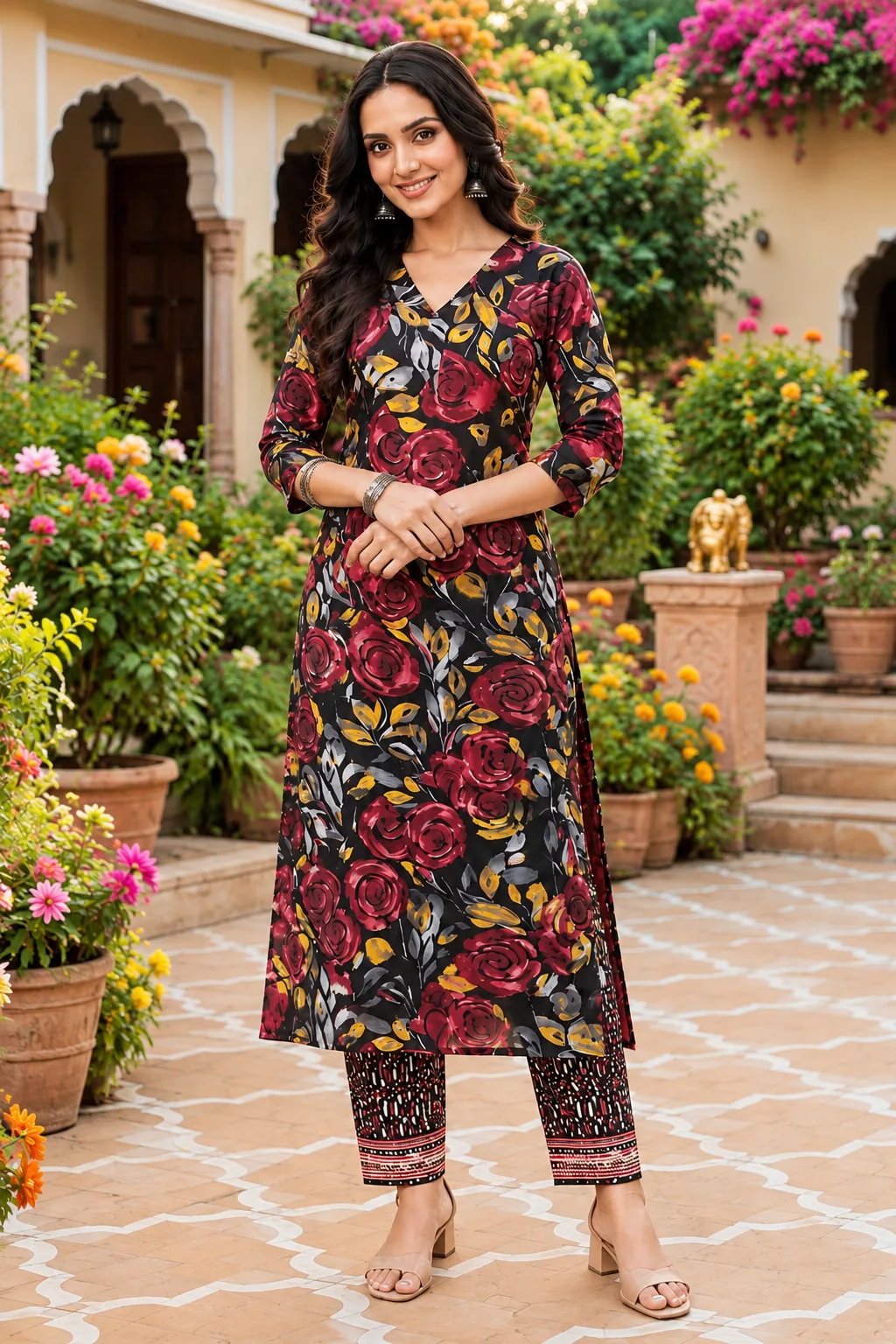 Floral Printed Long Kurta with Matching Pants Set for Women
