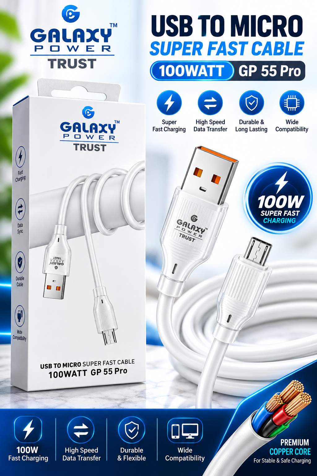 Galaxy Power Trust GP55 Pro USB to Micro USB Cable – 100W Super Fast