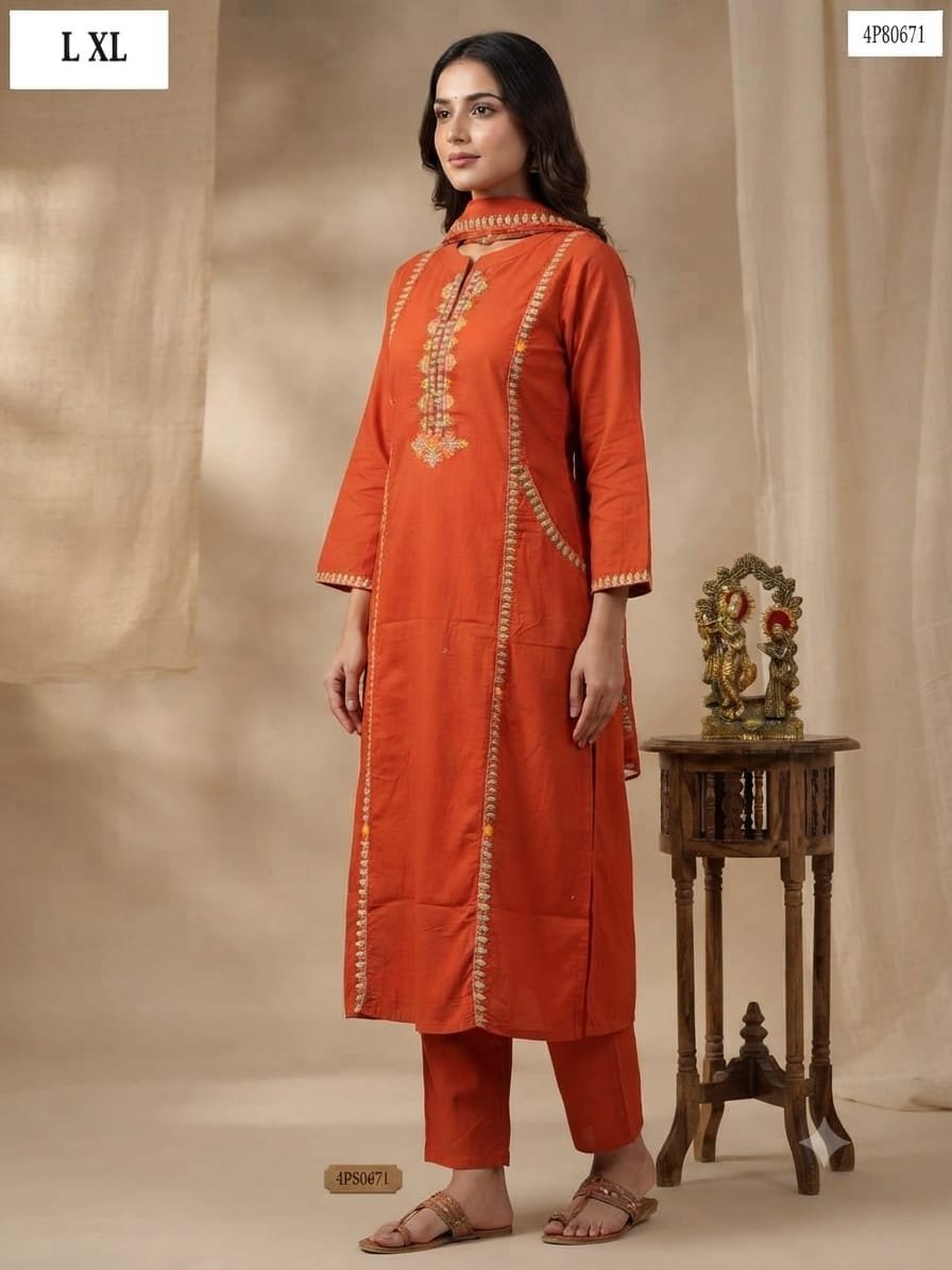 Women's Orange Embroidered Straight Kurta with Trousers & Dupatta Set