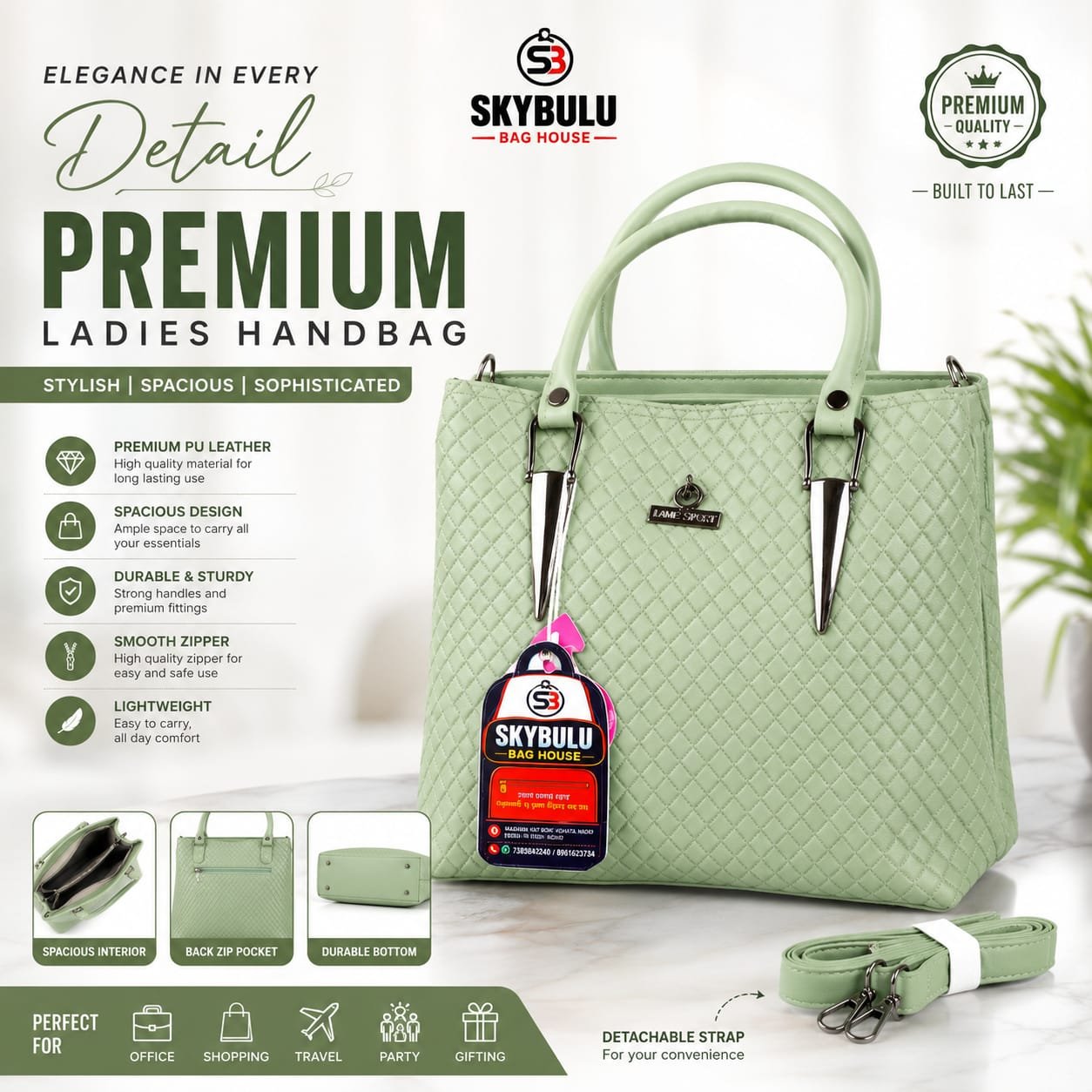 Women's Quilted Mint Green Handbag with Detachable Sling Strap
