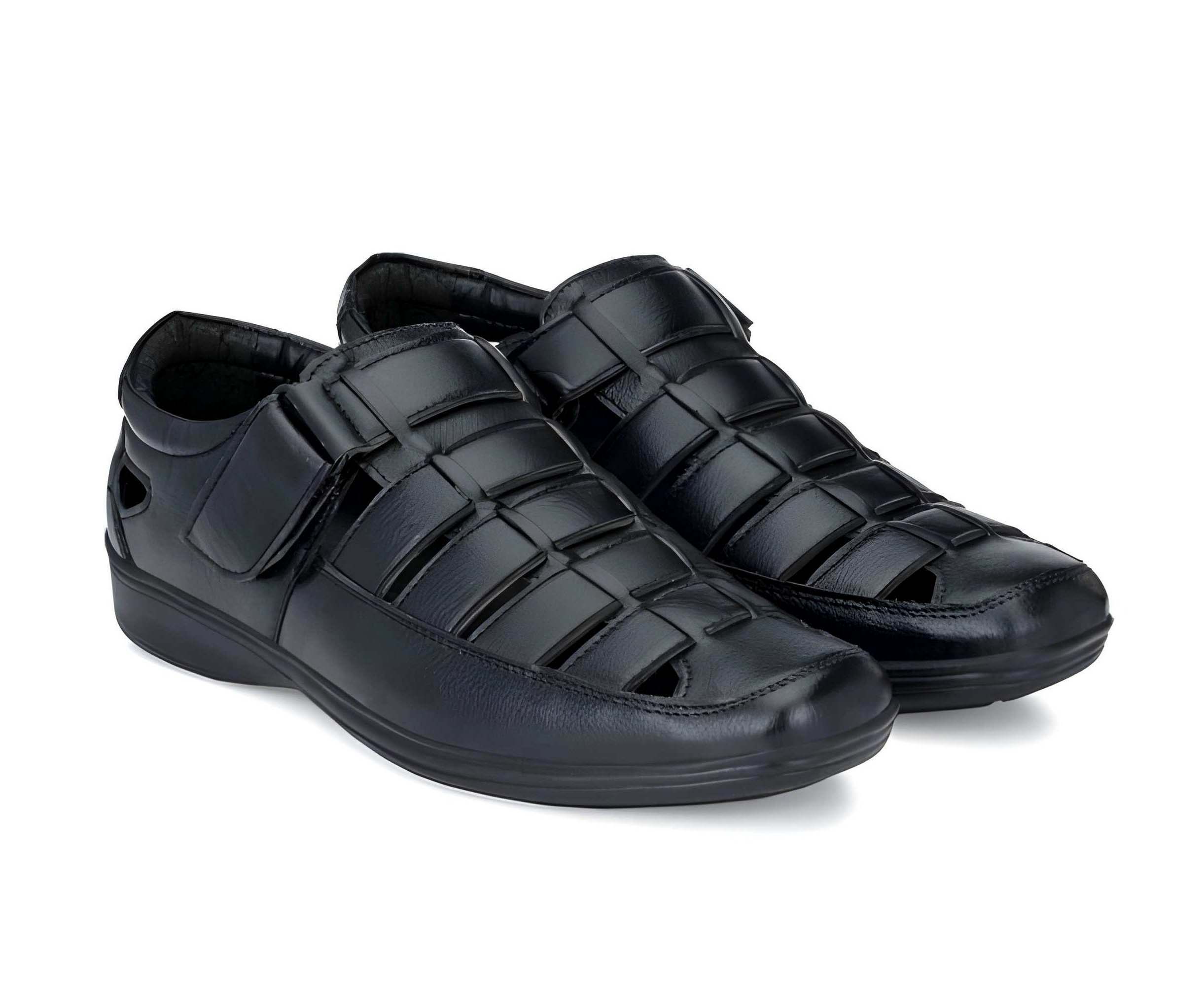 WUGO Men's Stylish Black Roman Sandals | Premium Faux Leather Velcro Sandals | Comfortable Outdoor & Casual Walking Footwear | Durable Airmix Sole