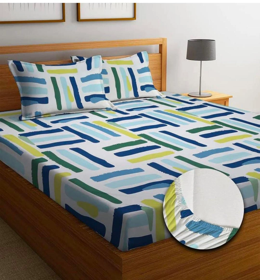 Abstract Stripe Elastic Fitted Bedsheet with 2 Pillow Covers – Blue & Green (72 × 78 Inches)