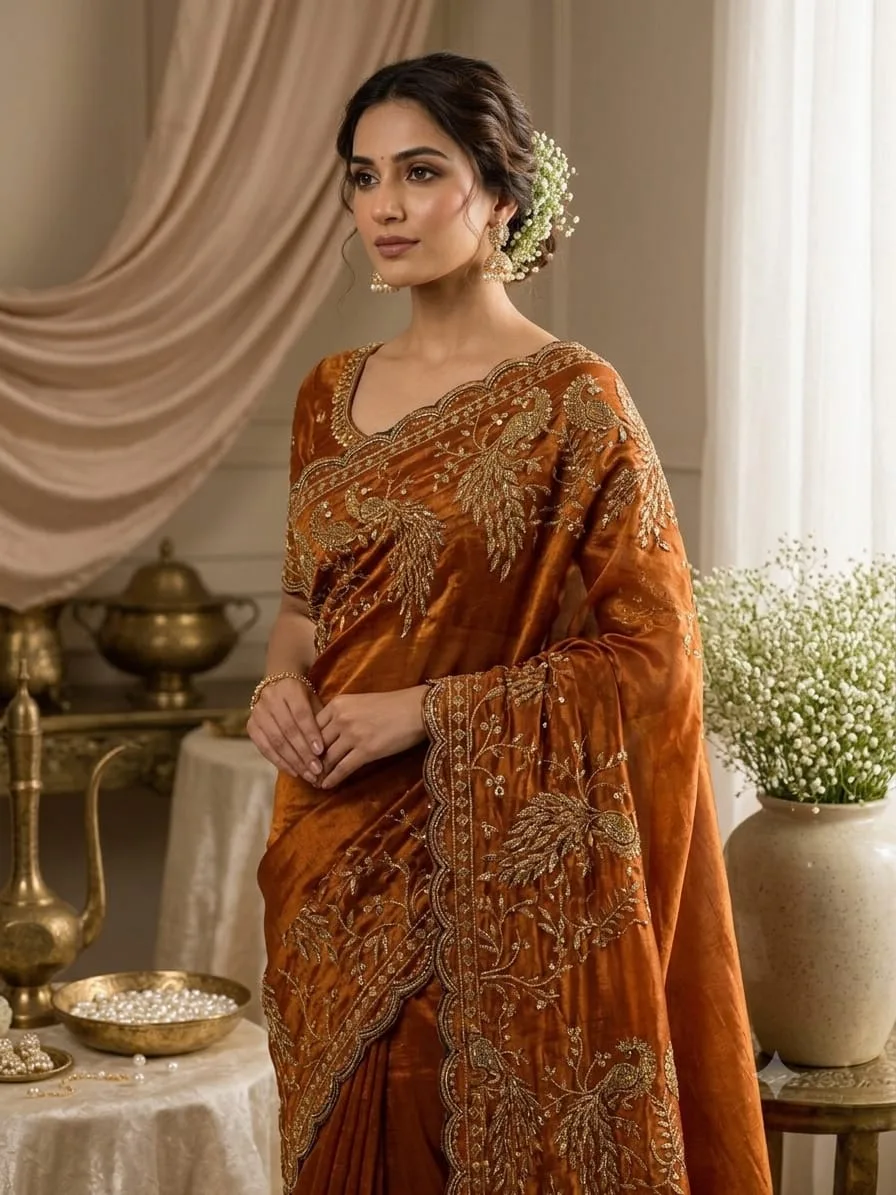 Copper Brown Embroidered Organza Silk Saree with Peacock Zari Work