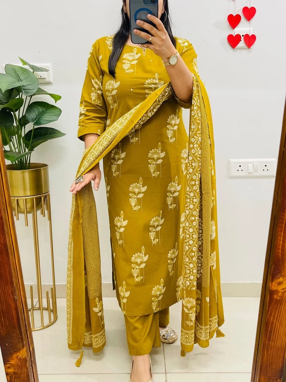 Women's Mustard Yellow Floral Printed Cotton Kurta Pant with Dupatta Set
