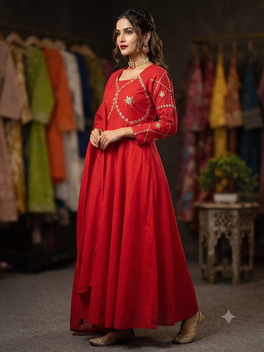 Women's Cotton Flared Anarkali Kurta Set with Koti Jacket and Dupatta